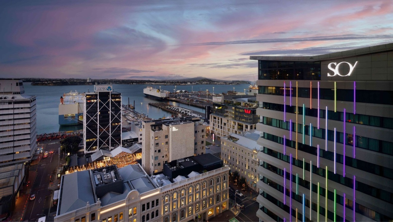 SO/ Auckland overlooking the CBD at sunset. 